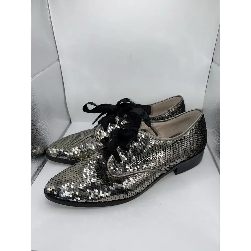 Louise et Cie Lo-Adwin Sequin Oxford Flats Women 8M Silver Gunmetal Lace Up